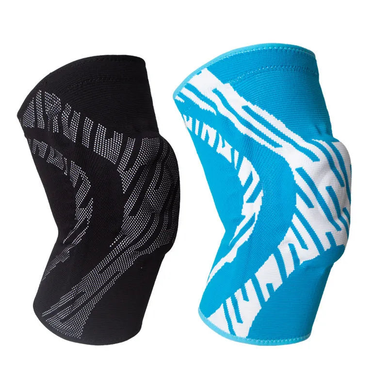 Black and blue basketball knee pads for men showing adjustable sizing options