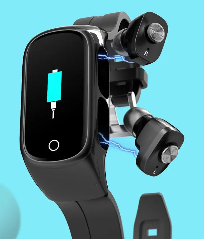 Bluetooth headset smartwatch with sport bracelet, touchscreen, and two wireless earbuds in Black