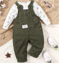 Green bear print long sleeve romper and corduroy suspender trousers two-piece suit for babies 0-18 months