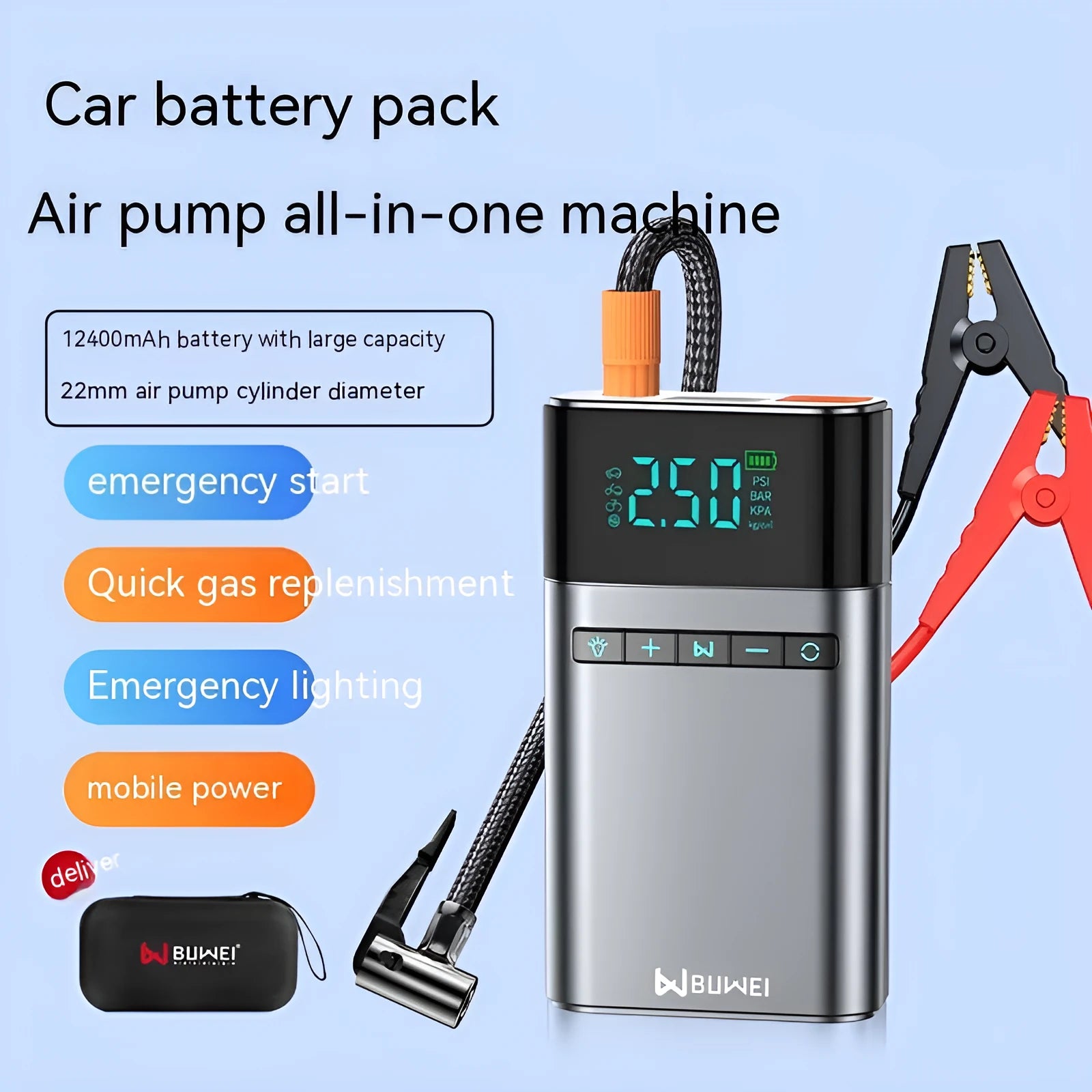 12400mAh car jump starter emergency power supply with aluminium alloy housing and LED light