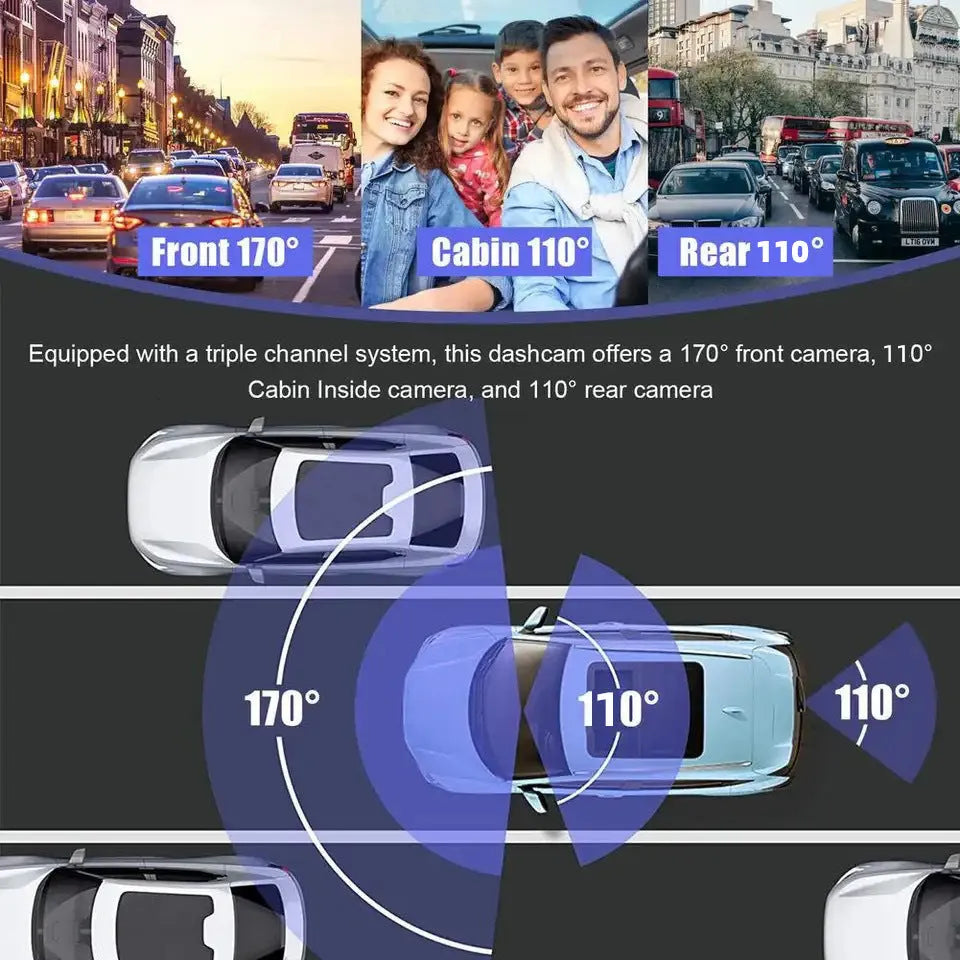 Black 3 lens car dash cam with 3 inch screen, shown mounted on a vehicle windshield.