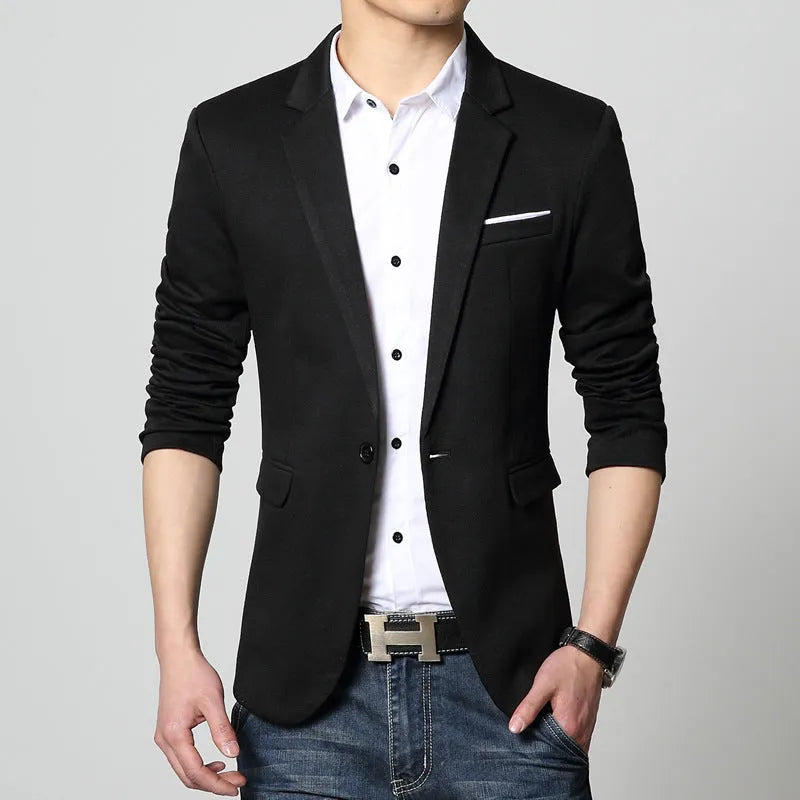 Slim-fit synthetic best man jacket in black, long sleeves, three-dimensional patch pockets, regular length, front view