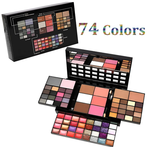 74 colour makeup palette set open to show eyeshadows, lip glosses and brushes in a plastic case with mirror