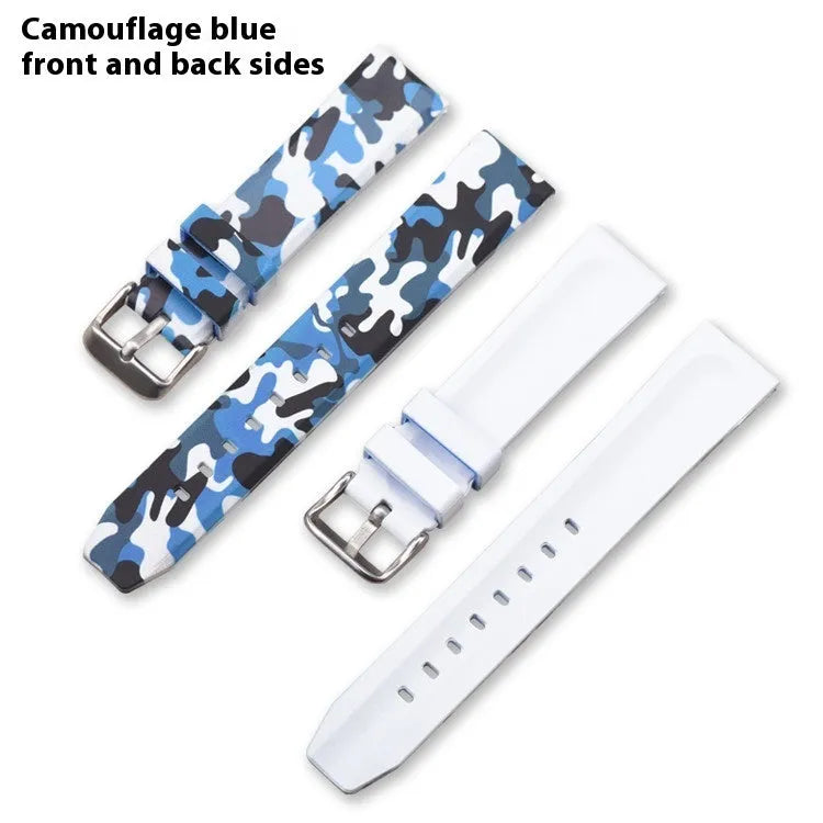 Blue camouflage silicone watch strap showing flat head design and texture.