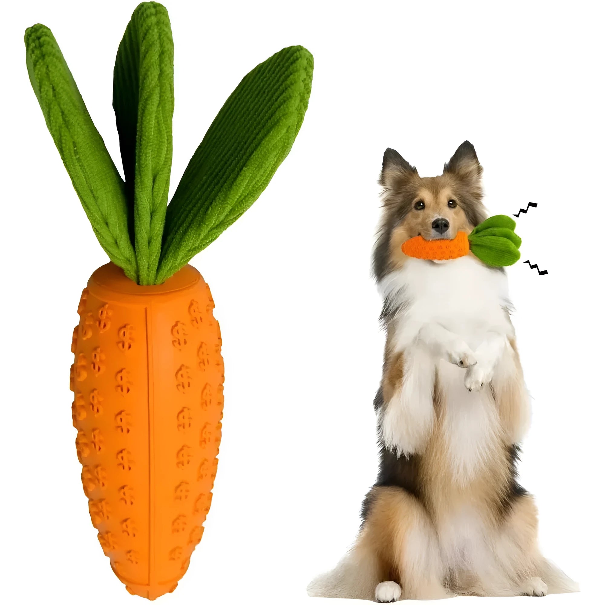 Orange carrot-shaped dog chew toy made of rubber and plush, measuring 21x5x5cm with a squeaker