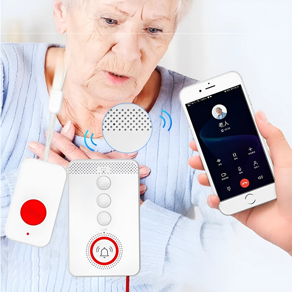 White one-touch voice emergency alert device with a central buzzer and three separate call buttons.