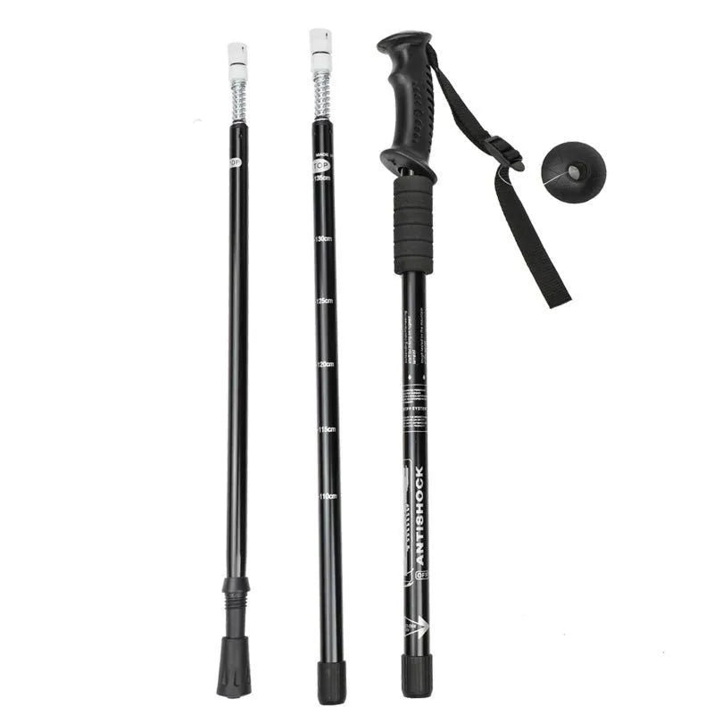 Aluminium alloy telescopic trekking poles with straight handles, adjustable from 65cm to 135cm, shown with mud supports and snow holders.