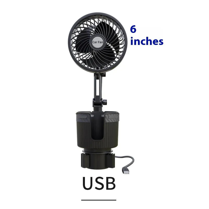 A car cup holder fan with black ABS plastic housing inserted into a vehicle's centre console.