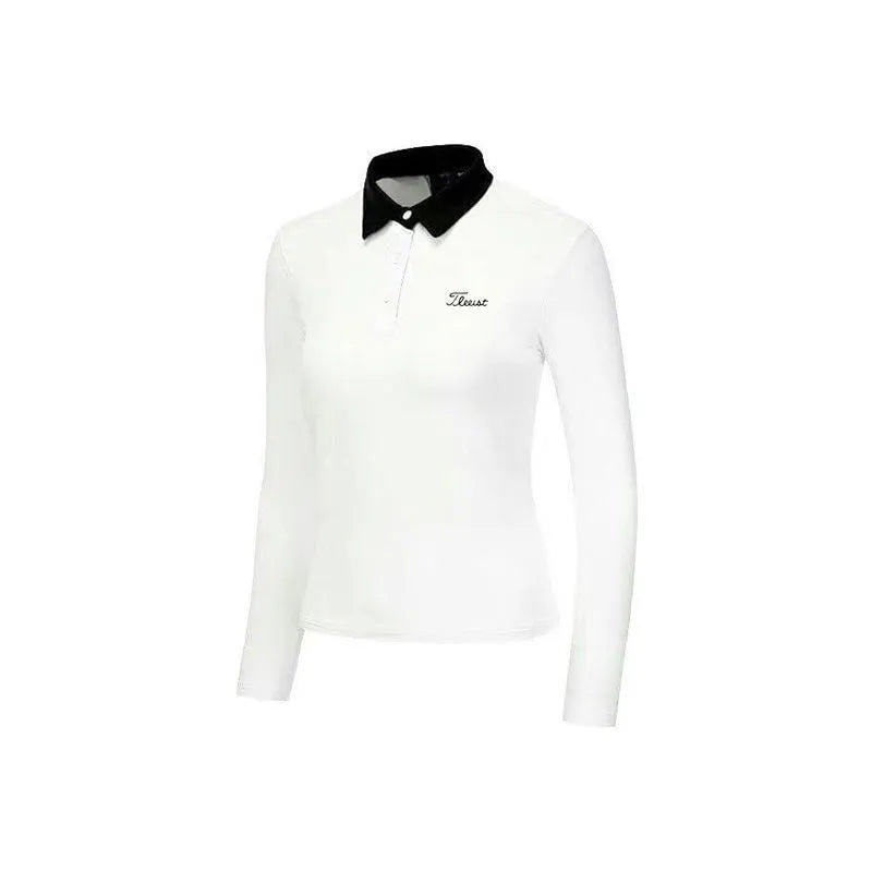 Women's white long sleeve golf top with slim sports cut for outdoor sun protection