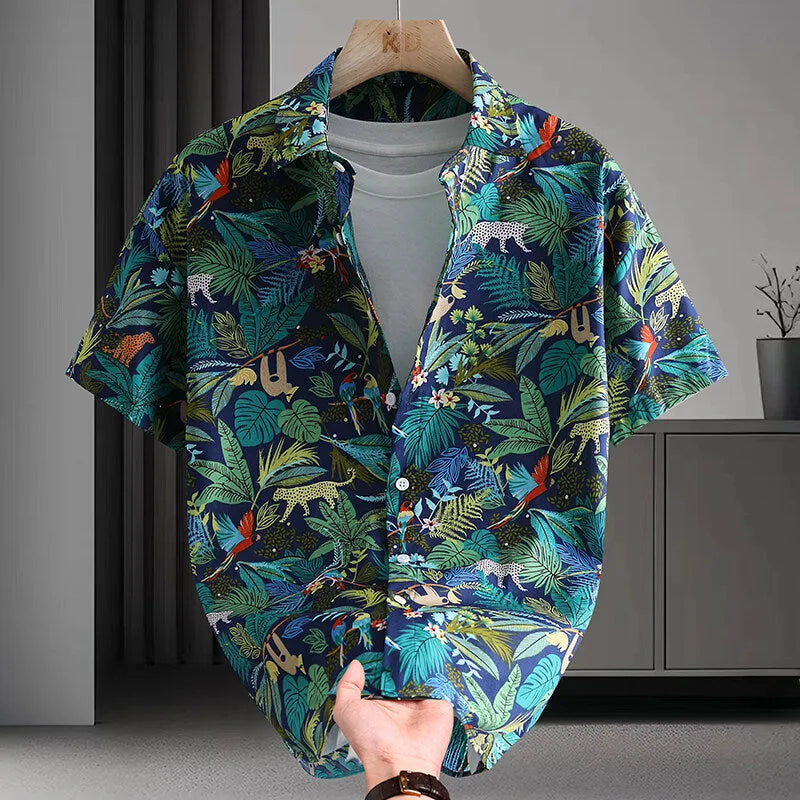 Men's short sleeve casual shirt with colourful floral print on cotton fabric, shown in a cardigan style.