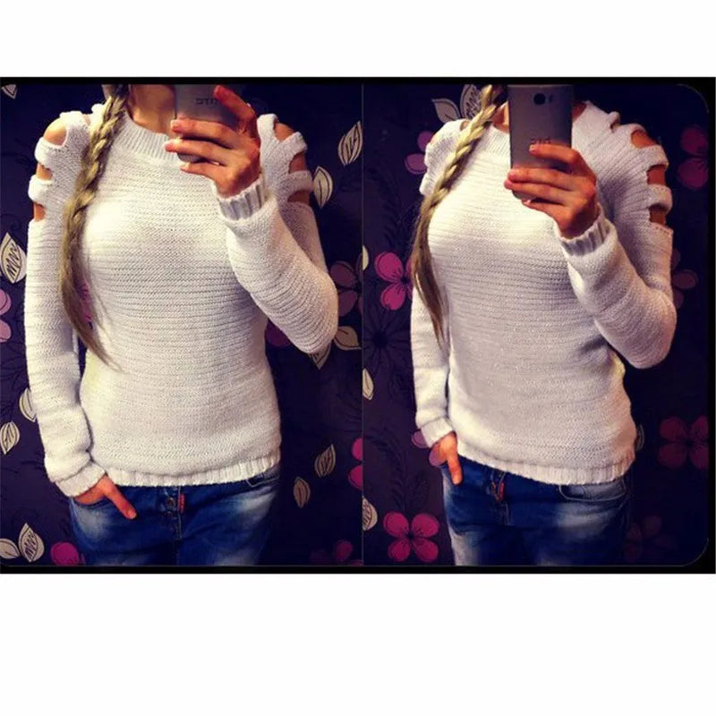 Women's grey crocheted shirt with hollow-out pattern and round neck.