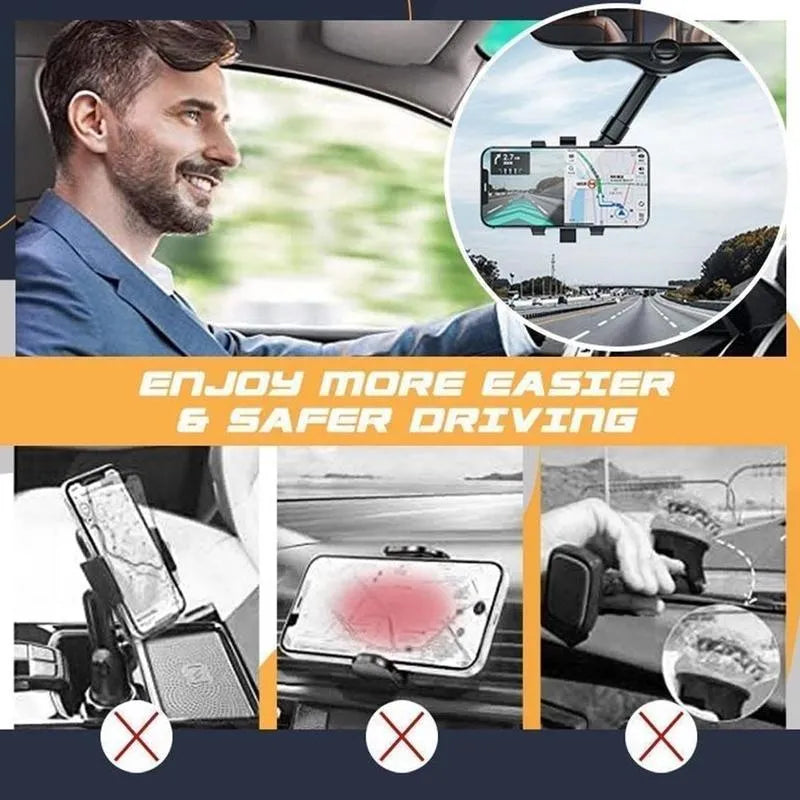 Black rearview mirror car phone holder extended, showing 360-degree rotation and four-claw phone grip.