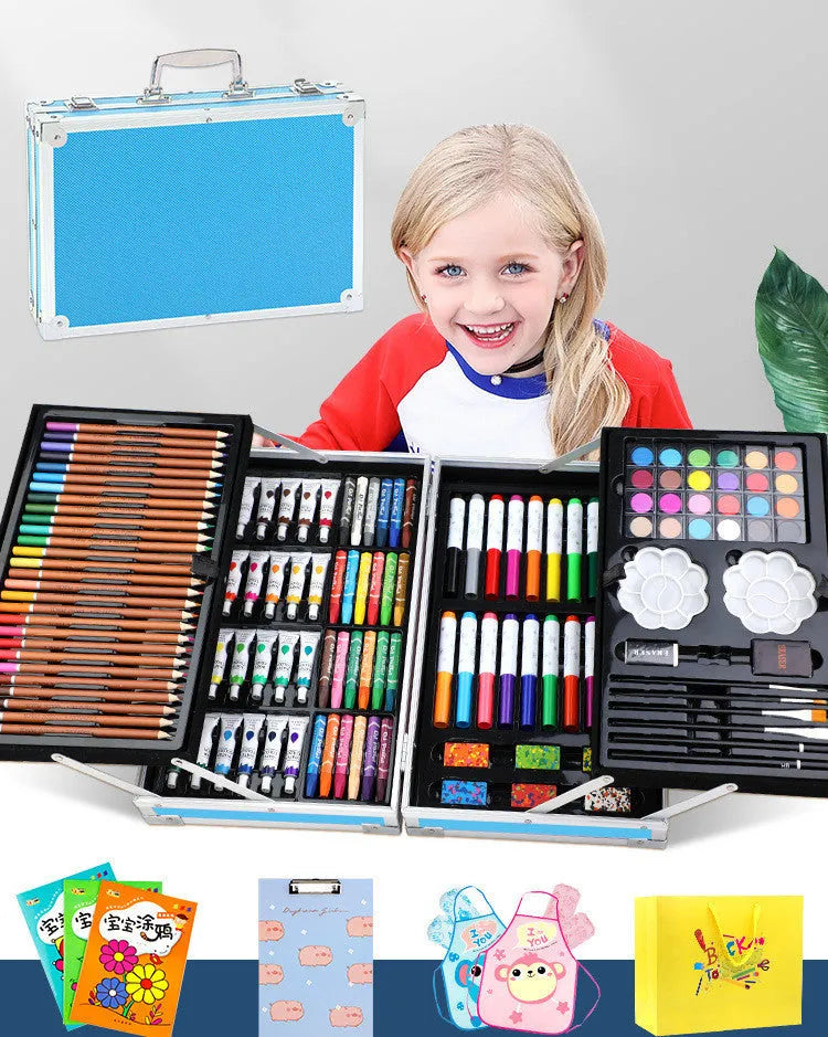 Creative birthday gift for girls ten years old, 3-layer pink aluminium box set with doodle pen set, plastic construction