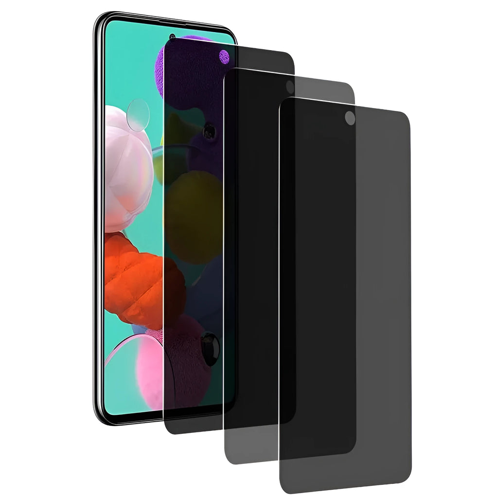 Tempered glass anti-peep privacy screen protector for a Samsung mobile phone.