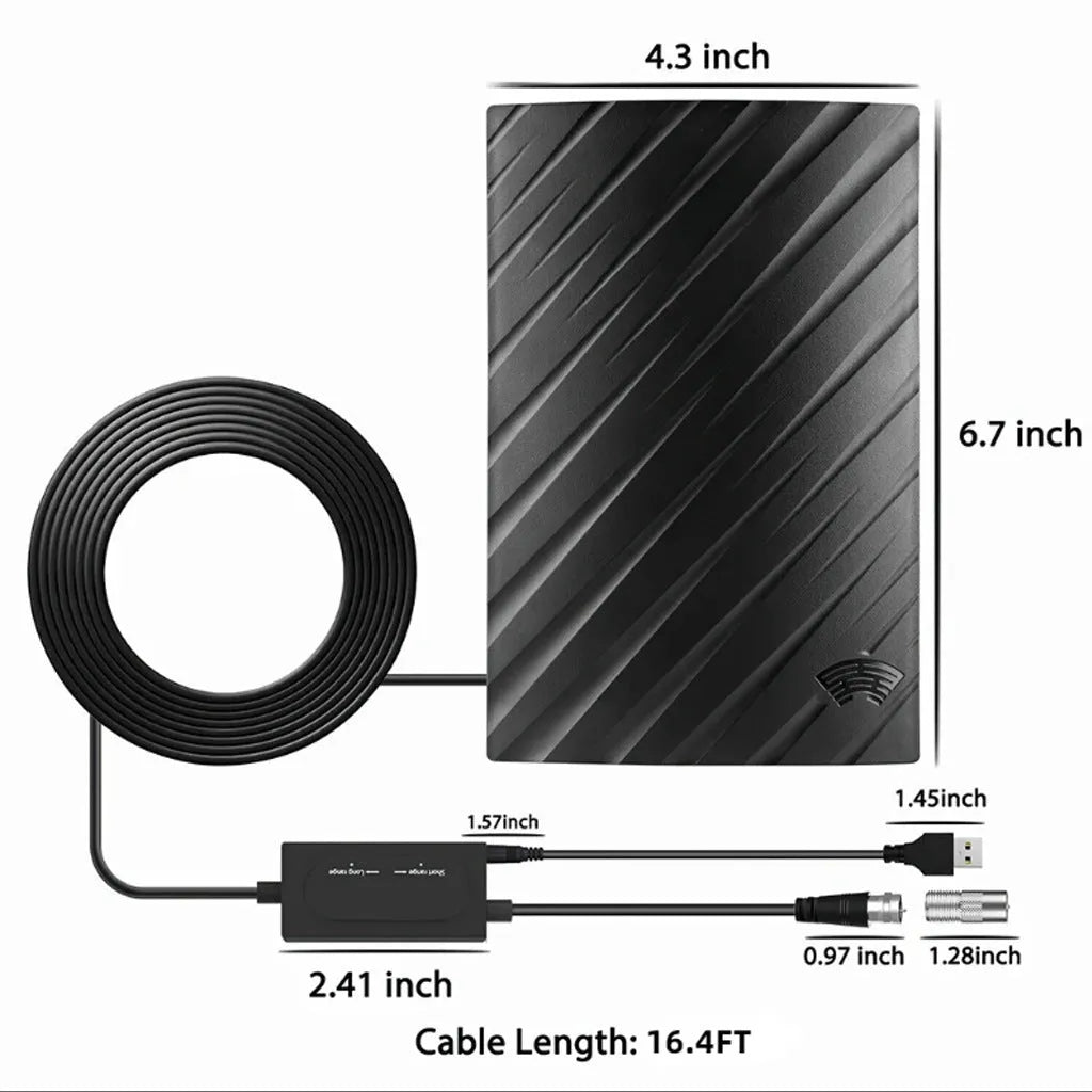Black plastic digital television antenna with mounting screws and cable ties on a white background.