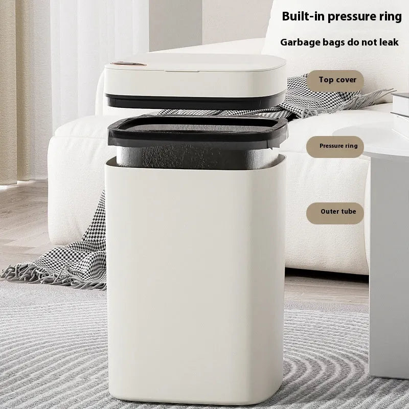 Square automatic induction rubbish bin with touch-free opening lid in milky white colour