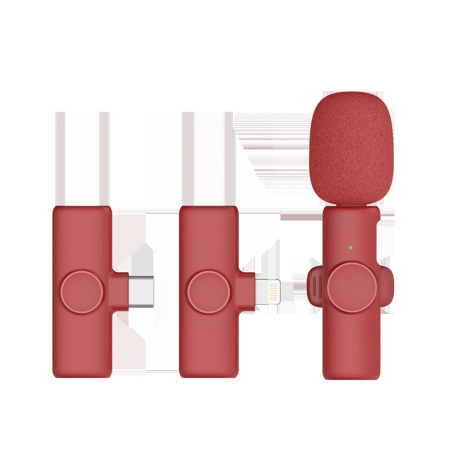 2.4G wireless microphone with receiver, showing colour options and compact size for live sound recording.