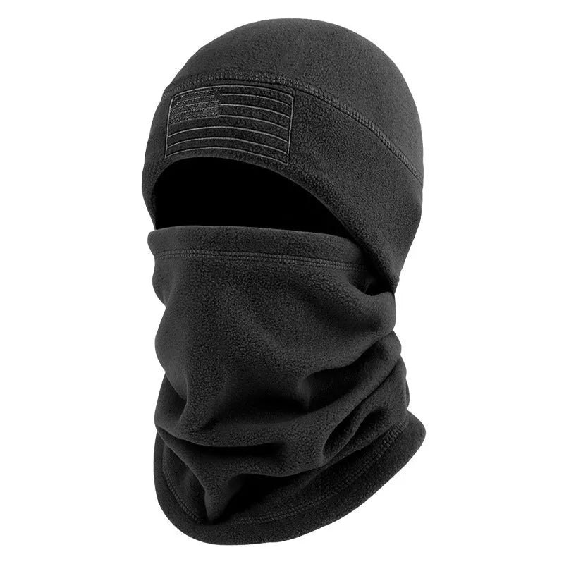 Polar fleece winter scarf and hat set in black, showing coordinated head and neck gear for cold weather