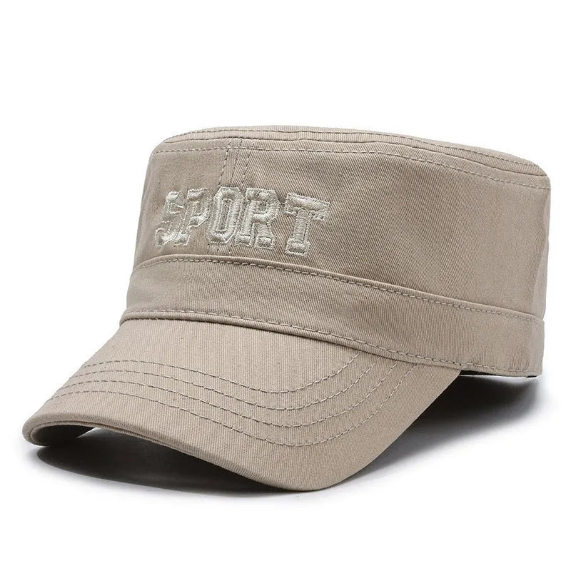 Men's cotton flat-top peaked cap in army green with adjustable size and English letters
