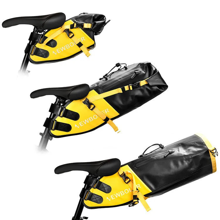 Yellow, black, and green 13-litre waterproof PVC bike tail bag mounted on a bicycle rear rack.