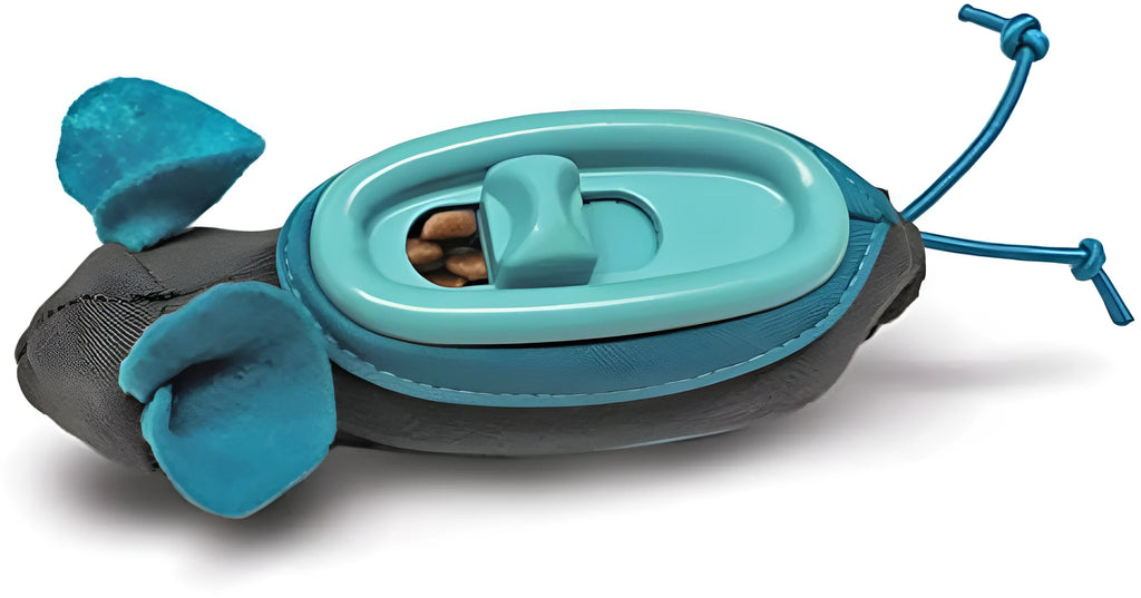 Blue Nteractive Indoor Treat Dispenser Mouse Toy with fabric outer skin and removable inner plastic feeder