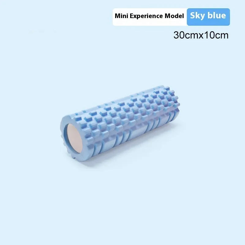 A firm EVA foam roller for fitness and yoga, shown in a selection of colours including black, pink, and sky blue.