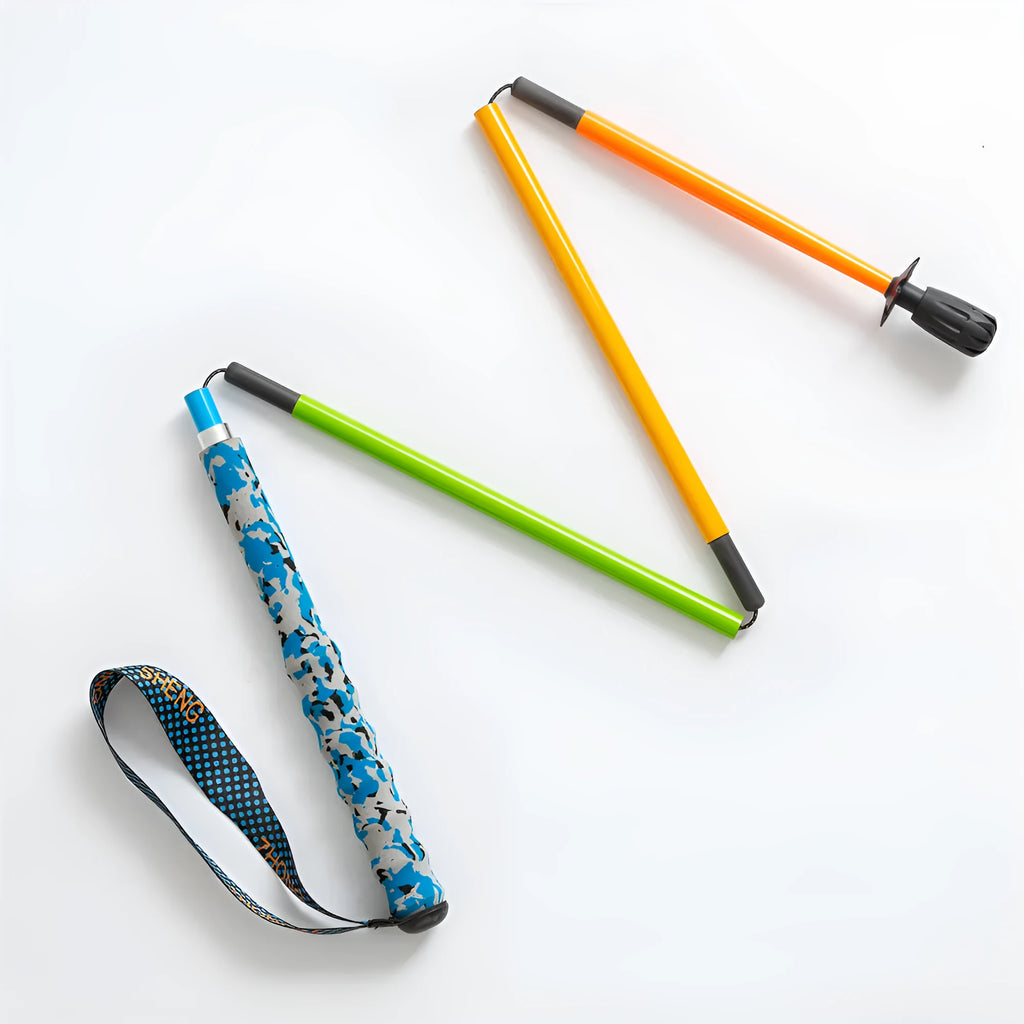 Ultralight high modulus carbon fibre five-section folding trekking pole in colourful finish against outdoor background