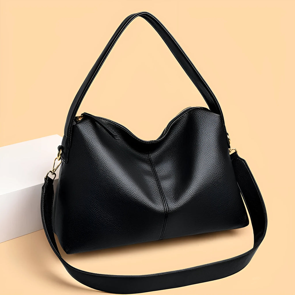 Women's soft PU crossbody bag, 37x14x23cm, with stitched exterior in black, burgundy, light grey, khaki or brown