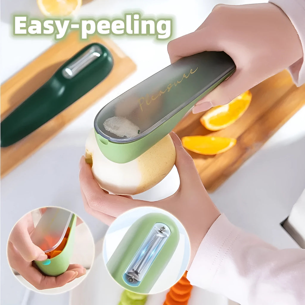 Dark green kitchen peeler with plastic handle inside its clear storage tube on a wooden surface.
