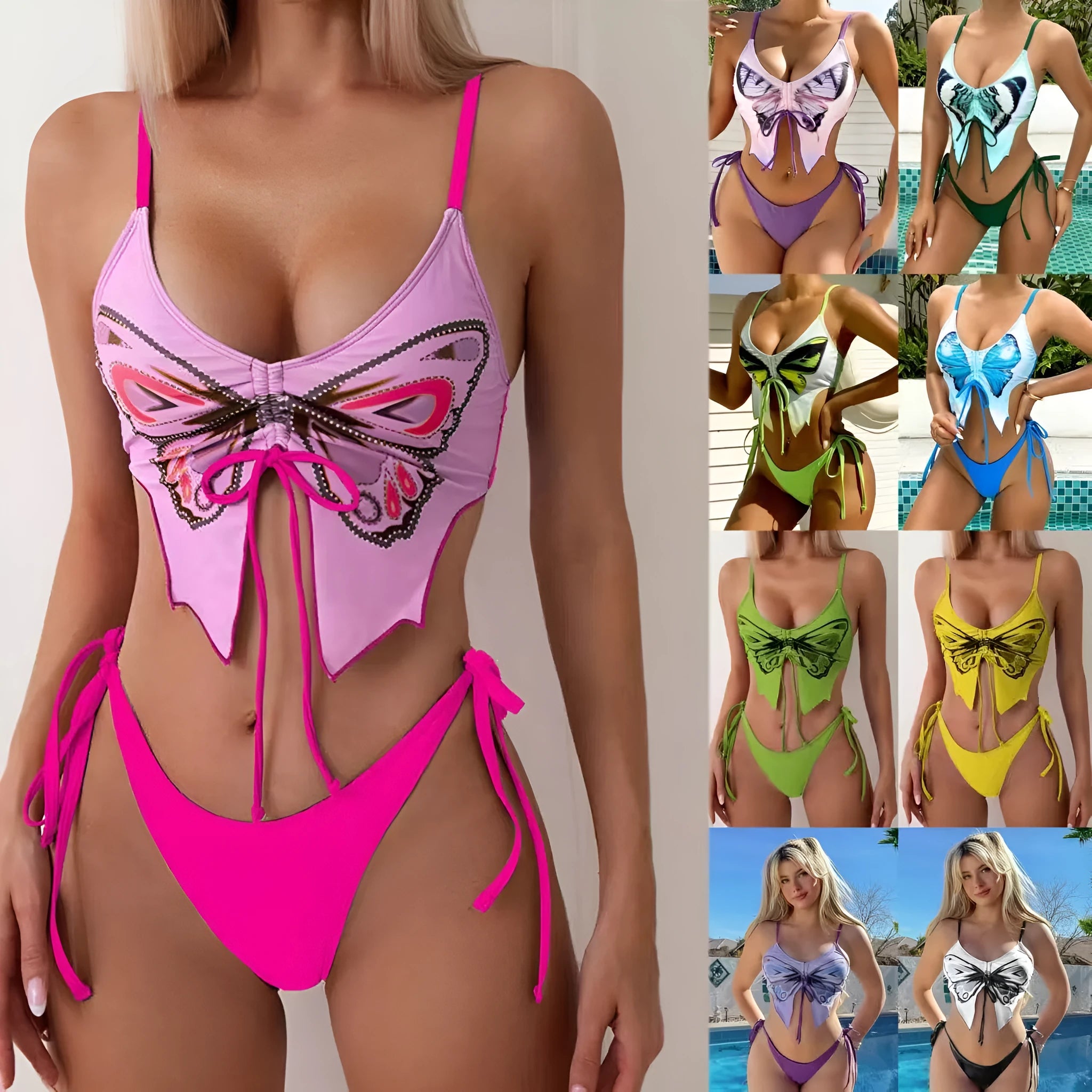 Women's purple split bikini swimsuit with bow detailing on the front, showing sleeveless top and briefs.