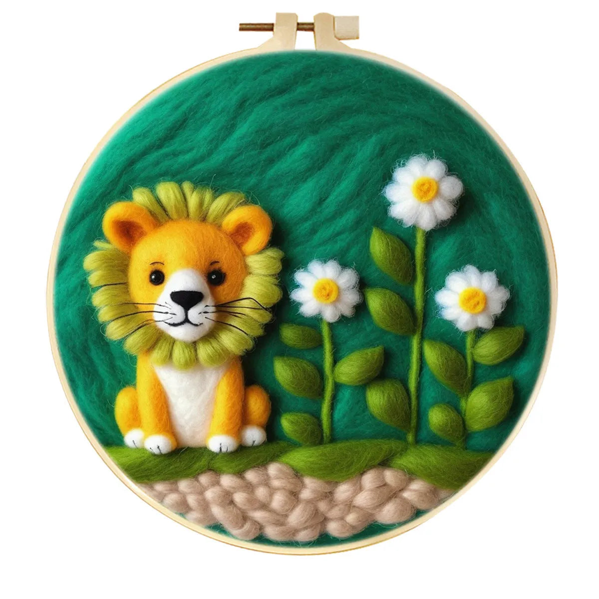 Round linen embroidery frame with wool felt floral decoration kit for three-dimensional wall art