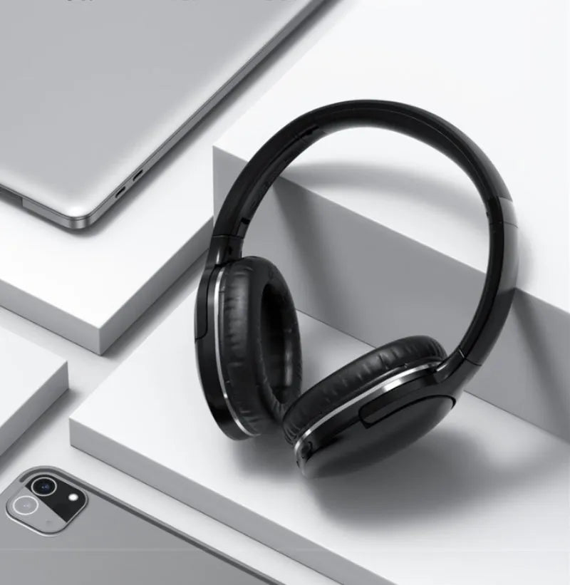 Black wireless Bluetooth sports headset showing head-mounted design with over-ear configuration
