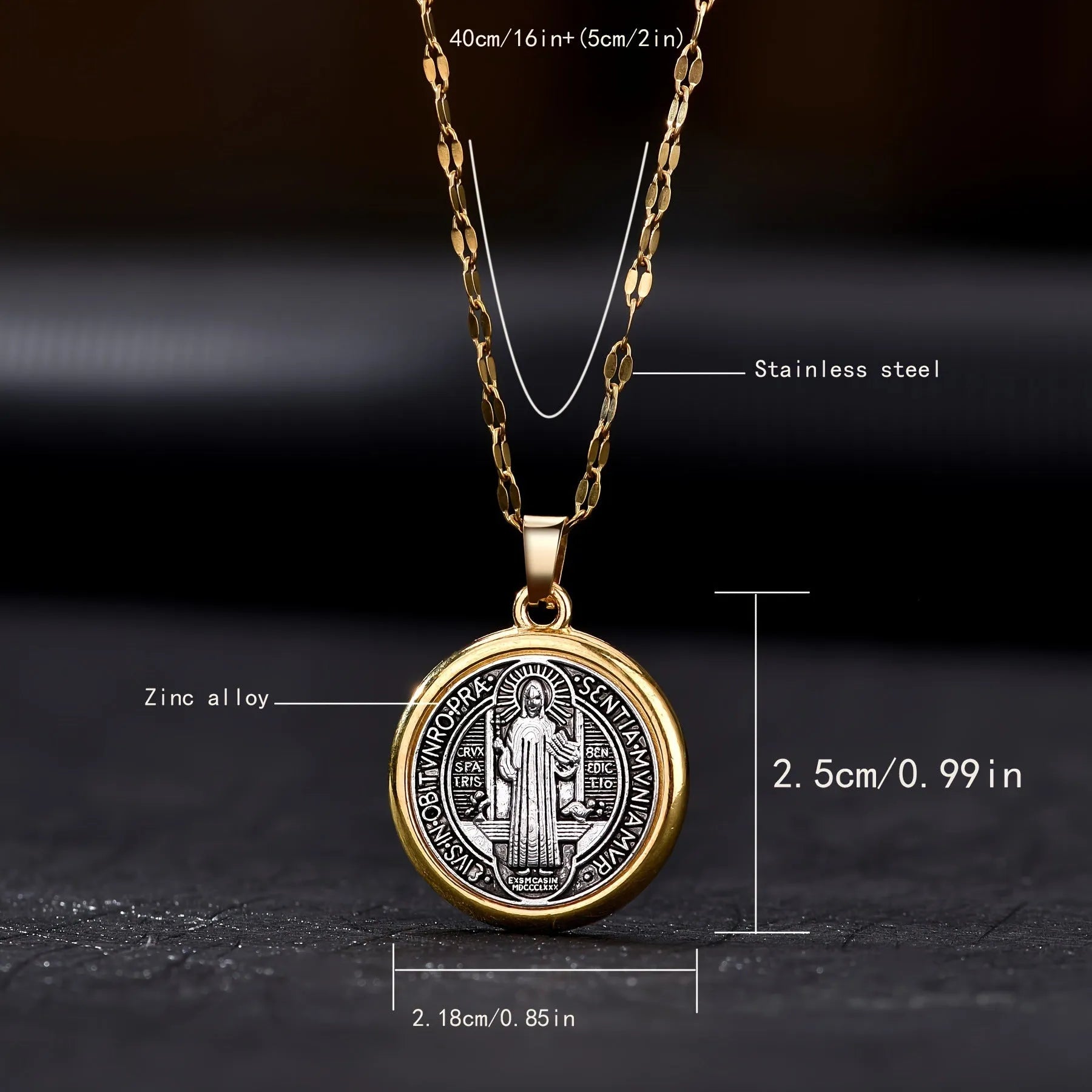 Gold electroplated St. Benedict cross pendant on alloy O-ring chain necklace