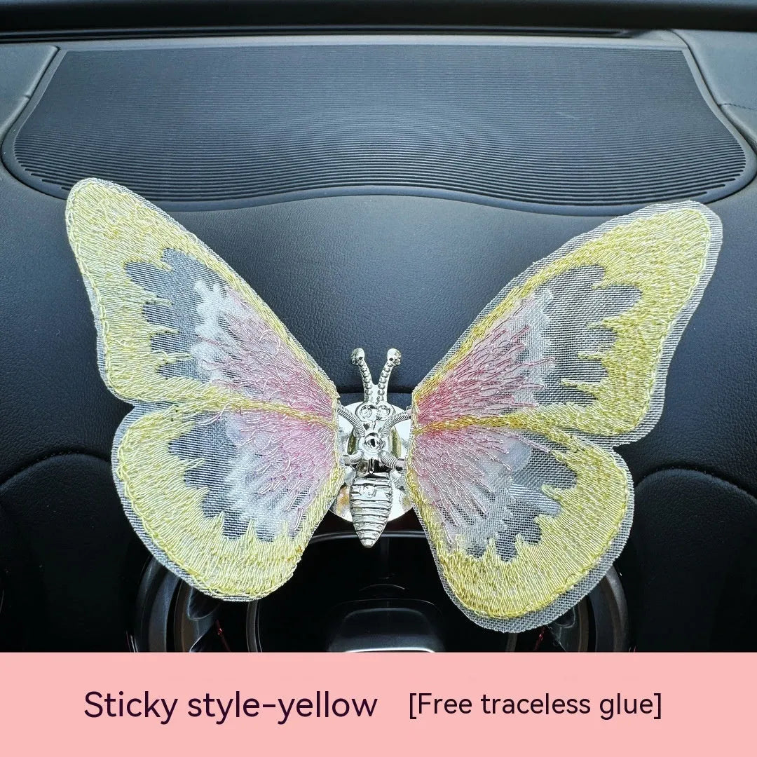 Moving embroidery butterfly fabric car centre console air vent decoration in multiple colour options