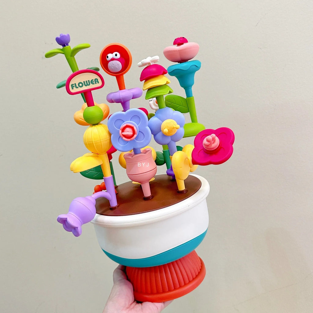 Children's plastic flowerpot building blocks set in colour box packaging for creative garden assembly toy