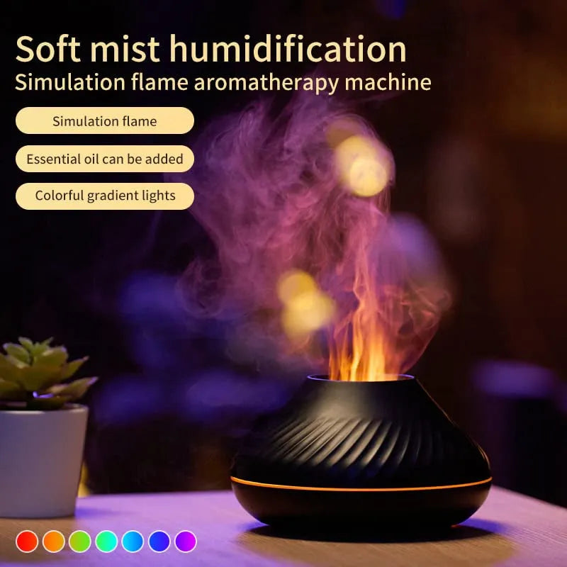 Volcanic flame aroma diffuser with LED lights and mist output