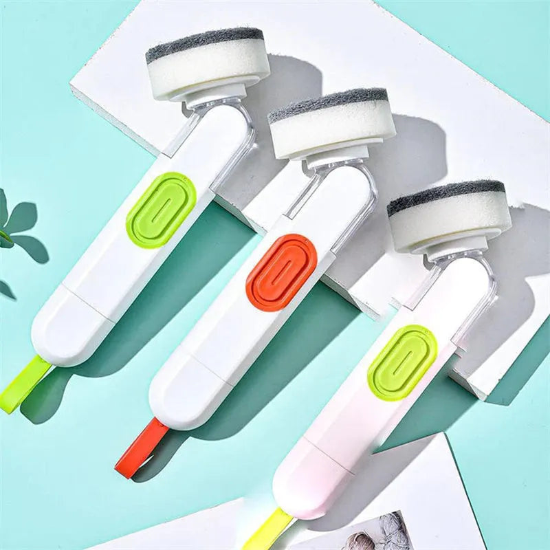 White and green liquid-filled cleaning brush with soap dispenser handle and two brush heads for kitchen cleaning