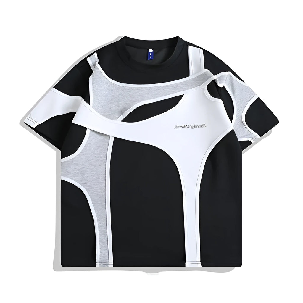 Black short sleeve t-shirt on a hanger showing round neck and double-stitched padded shoulder straps.