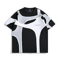 Black short sleeve t-shirt on a hanger showing round neck and double-stitched padded shoulder straps.