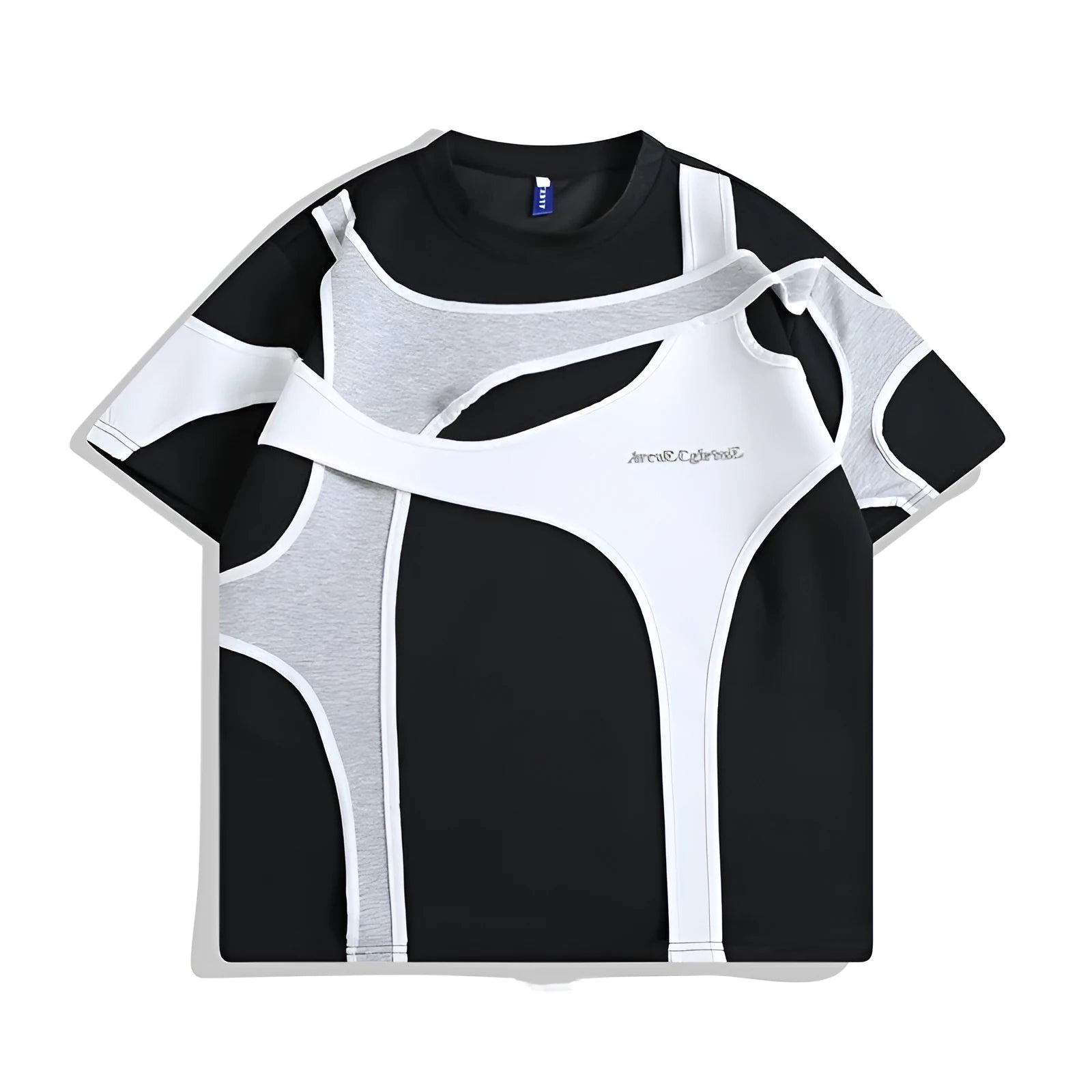 Black short sleeve t-shirt on a hanger showing round neck and double-stitched padded shoulder straps.