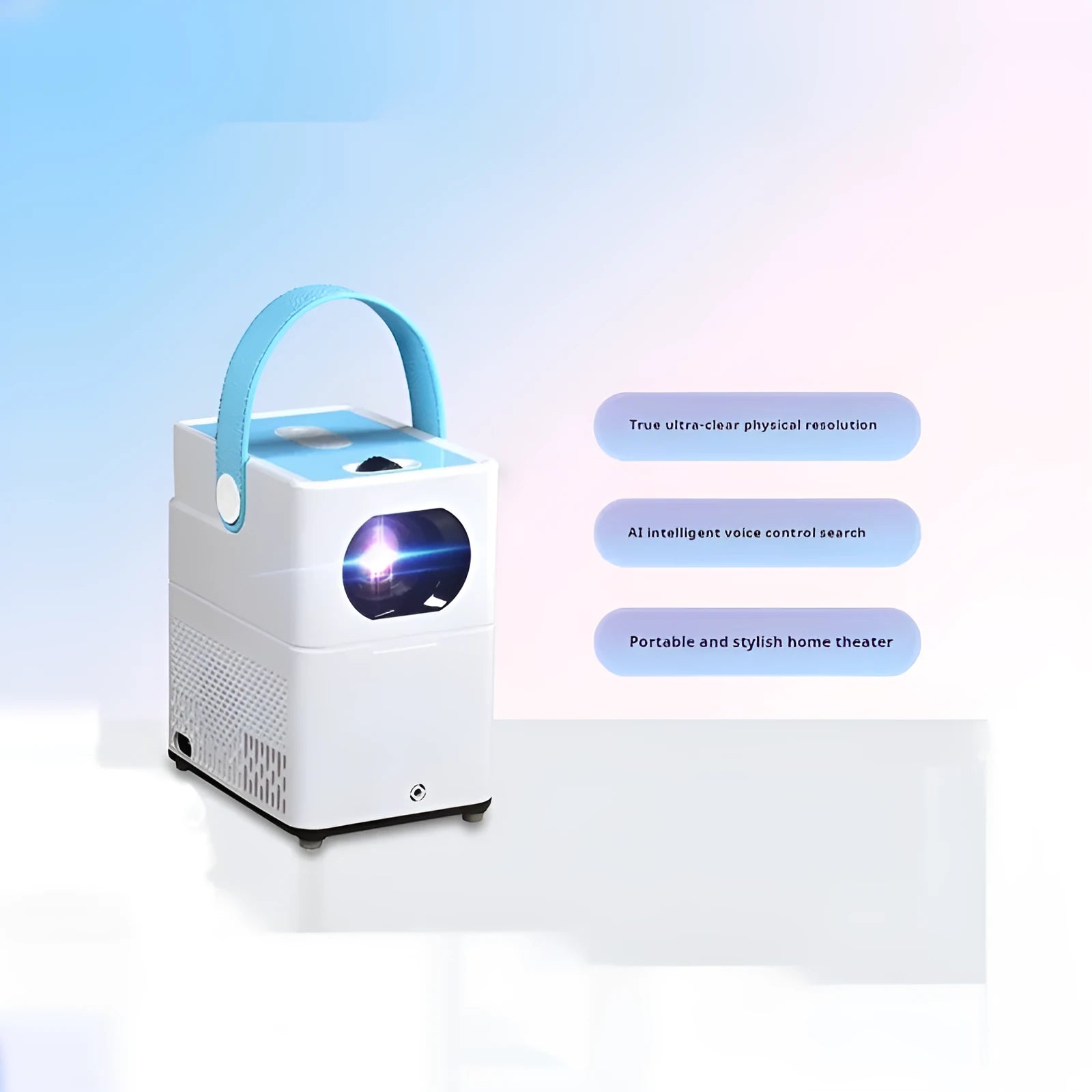 Smart HD home projector with remote control showing 1280x800 resolution display