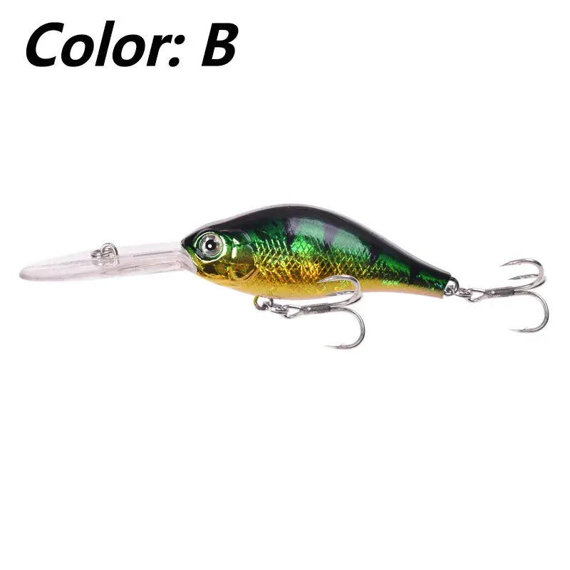 Little Fat Man Deep Diving Mino fishing lure showing long tongue board and colour options.