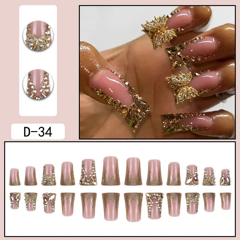 Golden diamond debris butterfly nail stickers set with adhesive glue for DIY manicures