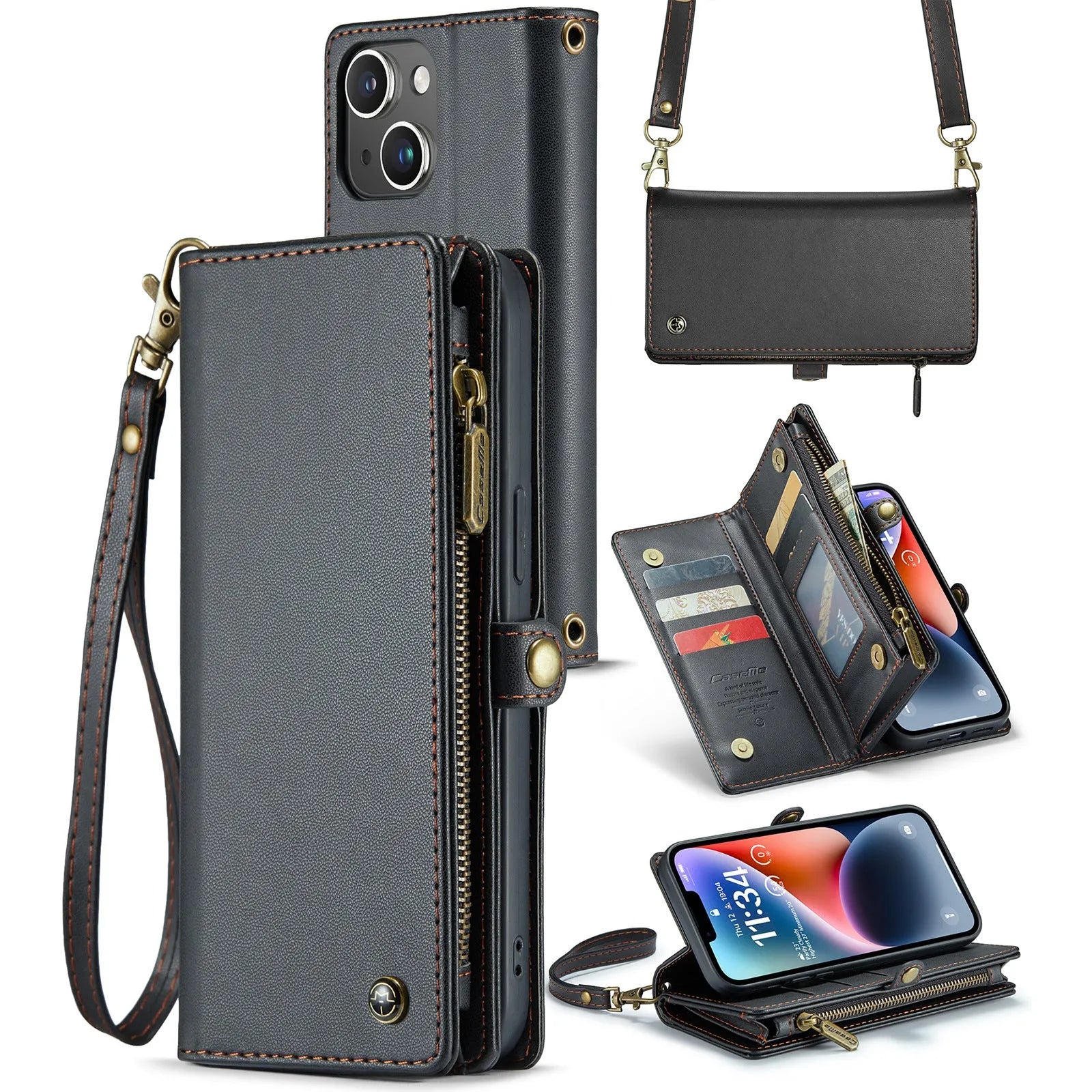 Wallet phone case in black imitation leather with card slots, bracket, and lanyard, designed for iPhone 12 to 15 series