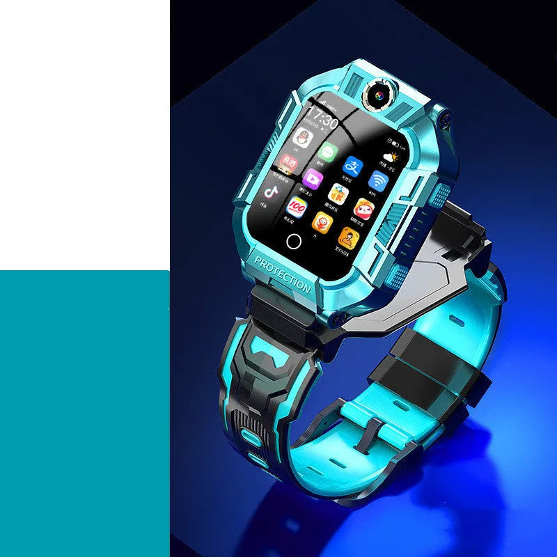 Green A63 children's smartwatch with GPS, 4G, camera, on a silicone wristband.