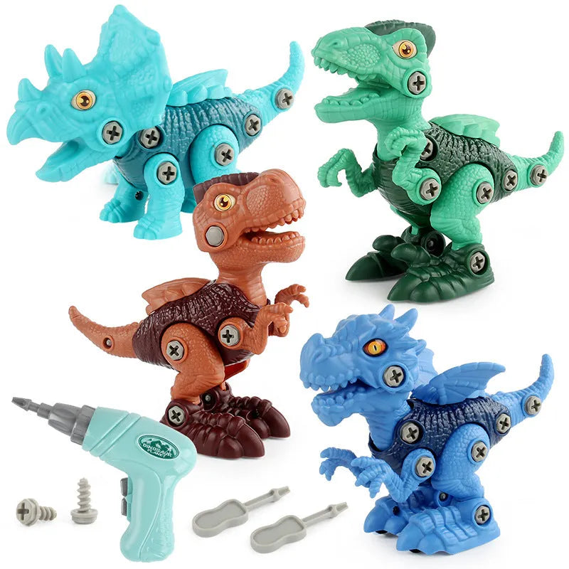 Six assembled dinosaur building block toys made from ABS plastic on a table