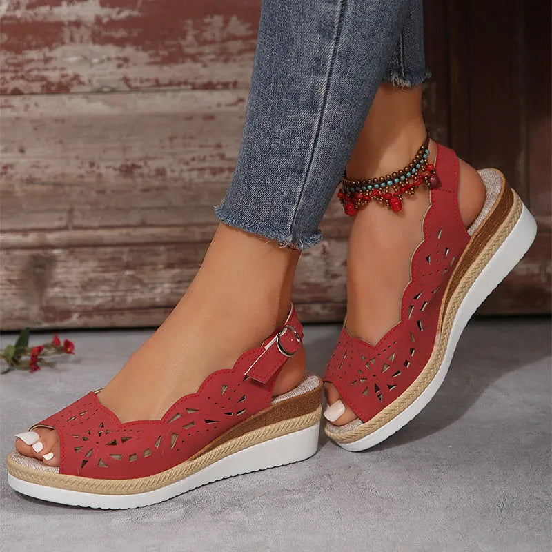 Fish mouth wedge sandals with thick PU sole and hollow buckle upper, in black, red or light brown, sizes 36-43