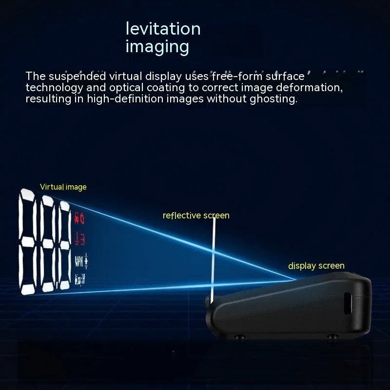 Black car head-up display unit on a dashboard, showing a projected speed readout on the windscreen.