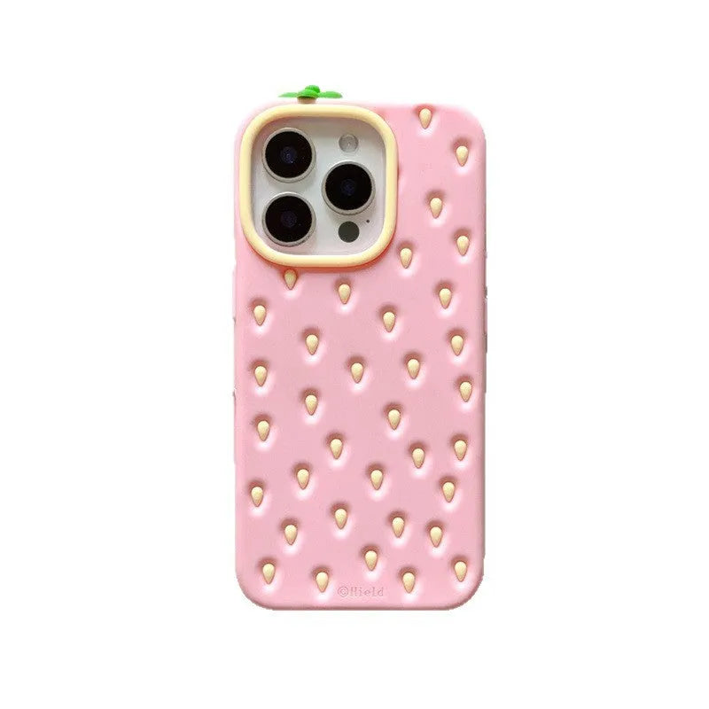 Pink strawberry silicone phone case for iPhone, soft shell with fall protection