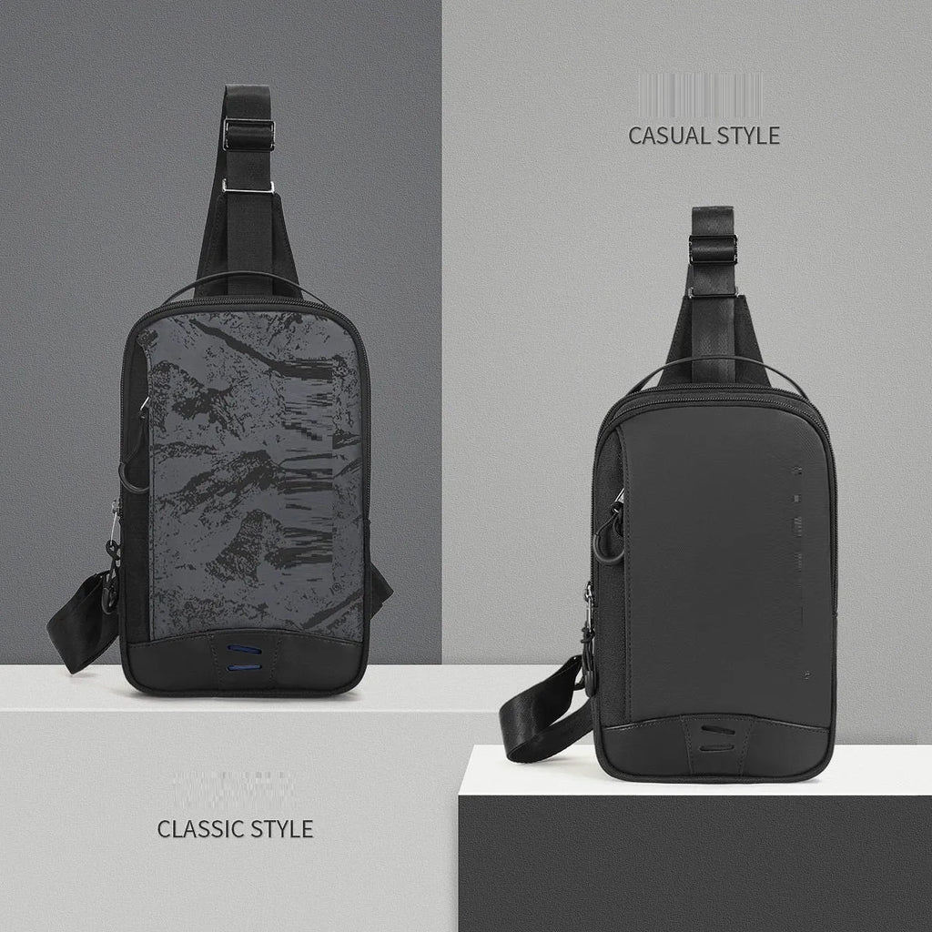 Casual black waterproof TPU chest bag with landscape camouflage pattern and adjustable shoulder strap